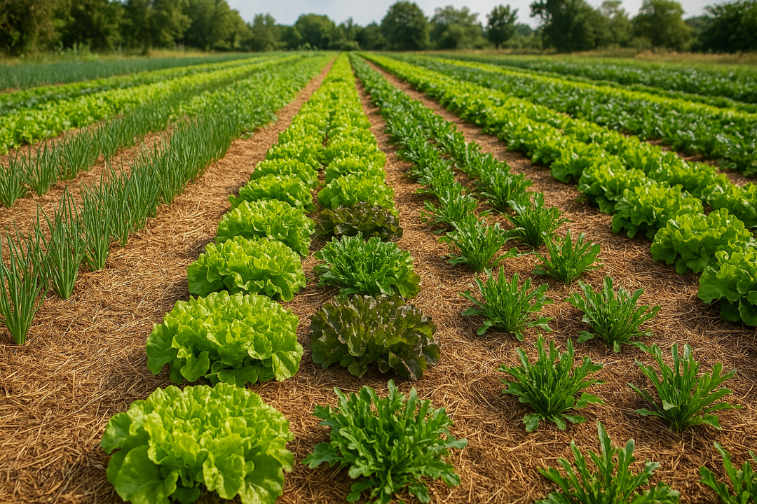 Organic Farming in action: a diversified vegetable bed with lettuce, arugula, and scallions, all growing in straw-covered soil — showcasing sustainable practices and soil health in organic agriculture.