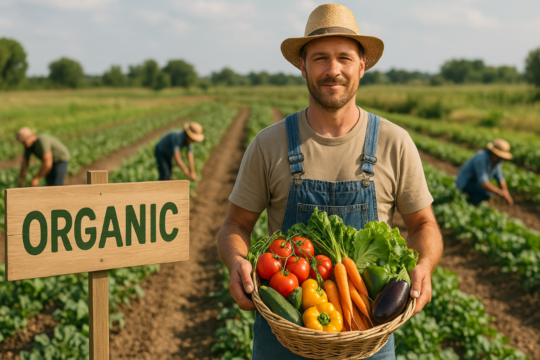 A proud organic farmer standing in a vibrant field, holding a basket full of fresh, colorful vegetables. This image perfectly captures the essence of Organic Farming — sustainability, health, and connection to the land.