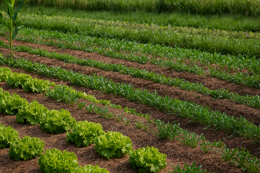 Organic Agriculture at its best: diversified garden beds featuring lettuce, arugula, and other greens planted in straw-covered soil. This image highlights the core principles of organic farming — biodiversity, soil health, and sustainability.