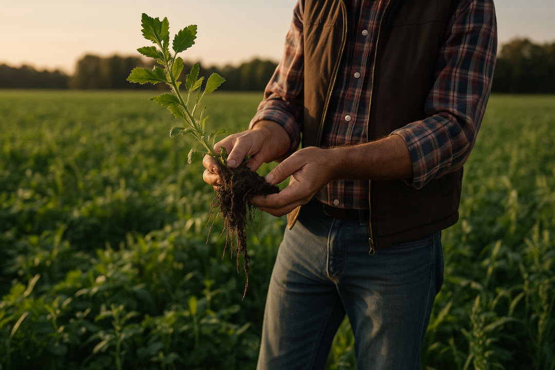 Hands-on Regenerative Agriculture: a farmer inspects healthy roots in a thriving, biodiverse field. This image captures the essence of soil care and sustainability in Regenerative Agriculture.
