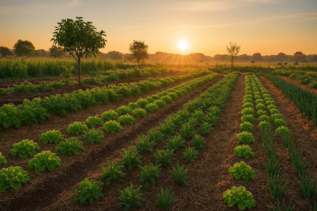 Regenerative Agriculture in practice: diverse crop rows of lettuce, arugula, and scallions grow in straw-mulched soil, surrounded by young fruit trees and native plants. This image reflects the principles of regenerative farming — biodiversity, soil health, and integration with natural ecosystems.