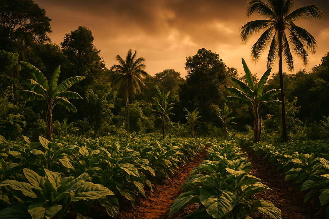 An Agroforestry System with palm, banana, coffee, and potato intercropped, demonstrating an example of this type of system.
