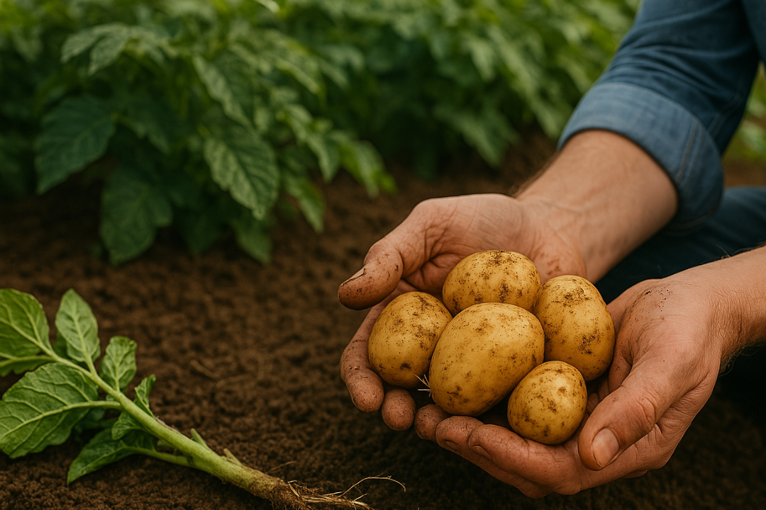 This image perfectly illustrates how to grow organic potatoes, showing freshly harvested potatoes held in the farmer’s hands, with rich, healthy soil and a row of vibrant potato plants in the background.