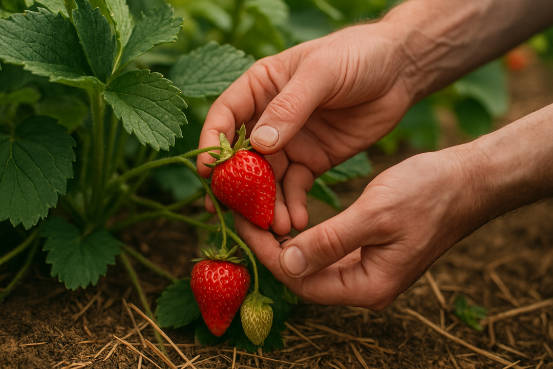 This image illustrates how to grow organic strawberry by showing a gardener carefully harvesting ripe, red strawberries directly from the plant. Surrounded by lush green leaves and rich soil, it highlights the importance of gentle handling and healthy growing conditions in organic strawberry cultivation.