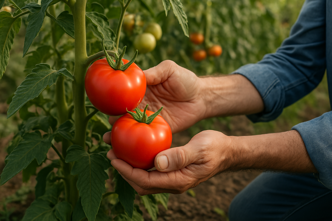 how to grow organic tomatoes with vibrant, healthy plants producing juicy red fruits—straight from a thriving organic garden. This image showcases the results of natural care, rich soil, and sustainable gardening techniques.