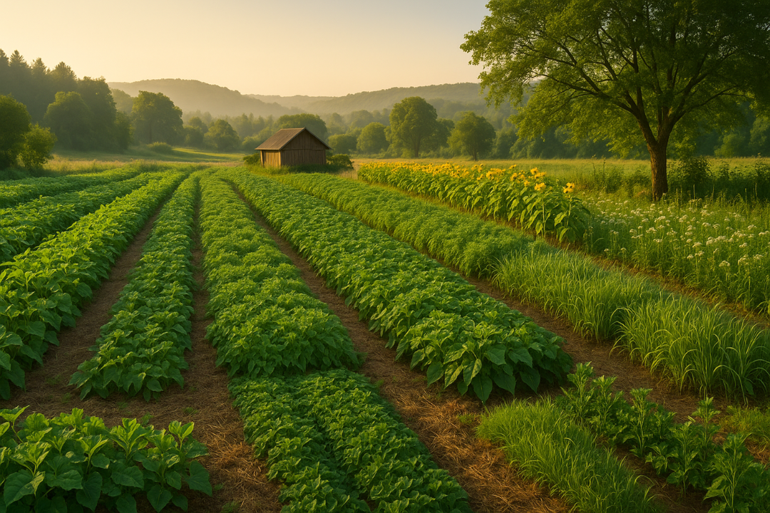 A serene example of natural agriculture, where harmony between crops, soil, and nature flourishes without human disruption.