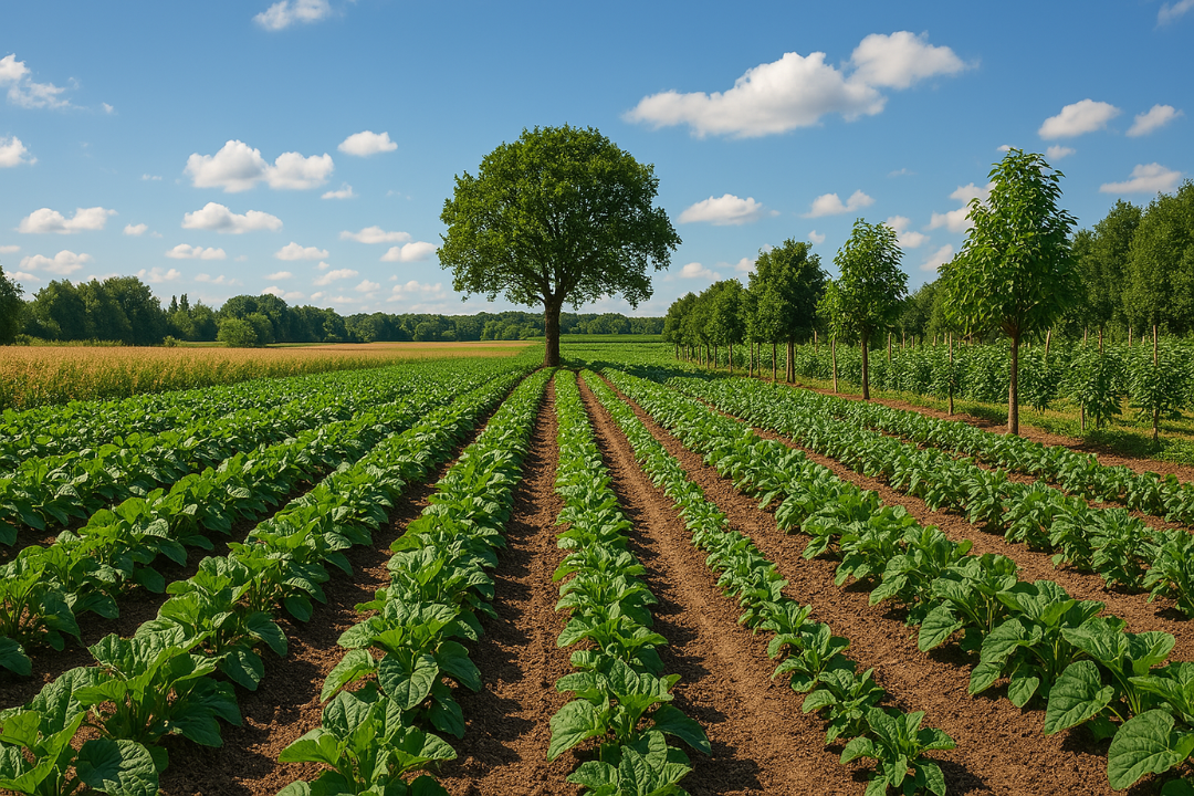 A vibrant example of Sustainable Agriculture, showcasing diversified crops, healthy soil, and agroforestry integration in perfect harmony with nature.