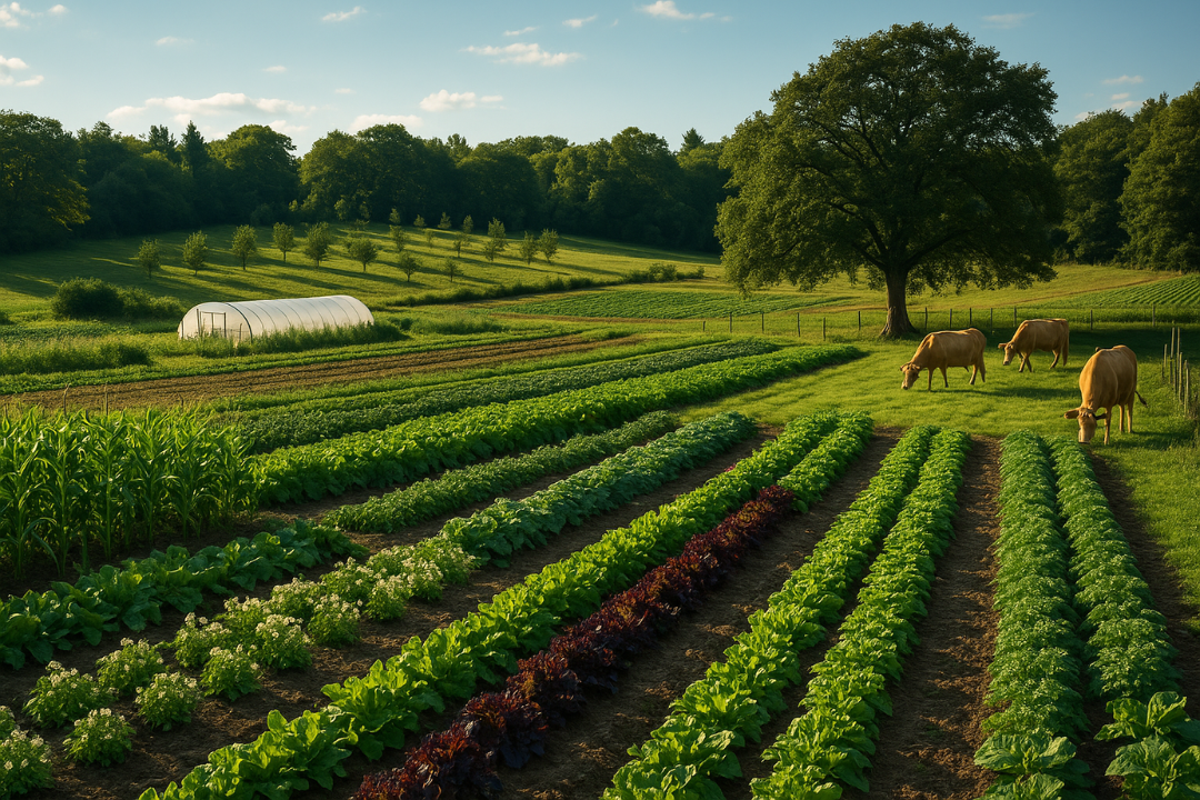 A thriving example of biodynamic agriculture, where diverse crops and grazing animals coexist in harmony with nature’s rhythms.