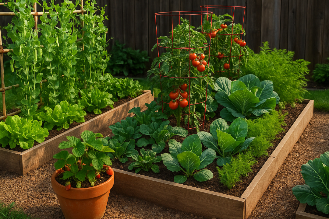 This image beautifully illustrates how to grow organic vegetables in a small backyard garden, featuring tomatoes, peas on a trellis, strawberries in pots, and a vibrant mix of edible plants.