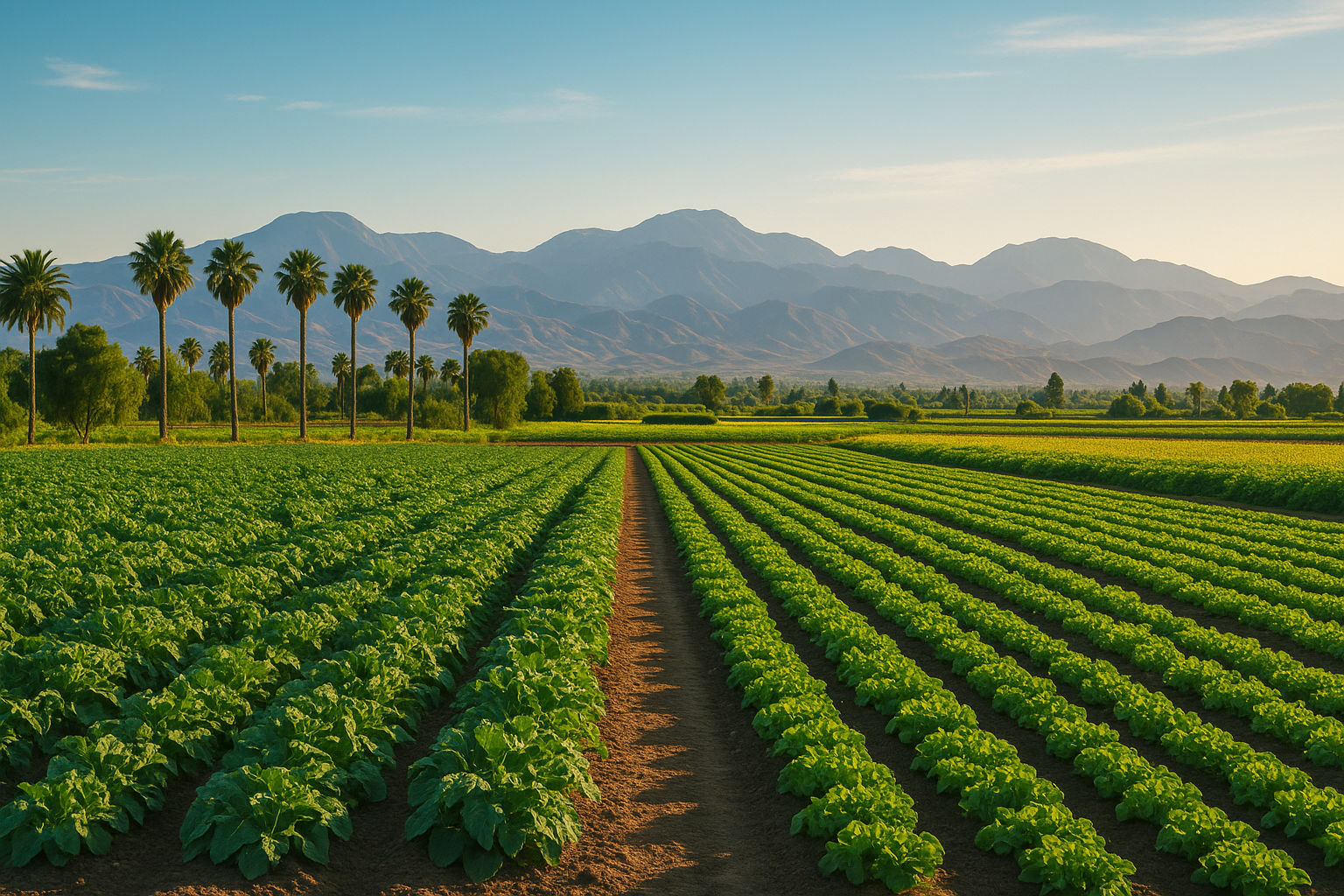 A breathtaking view of an Organic Farmland at sunset, showcasing lush green crop rows, fertile soil, and a harmonious integration with nature — a perfect representation of sustainable and profitable agriculture.
