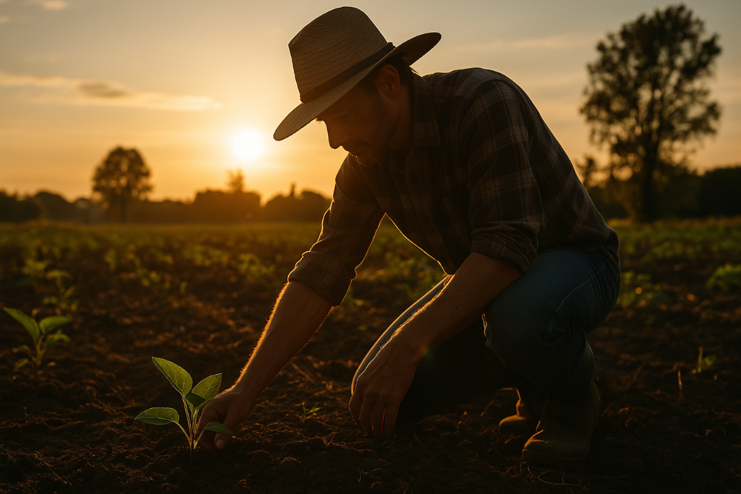 A powerful visual representation of farming and sustainability, showing a farmer planting new life into fertile soil under the golden light of a setting sun.