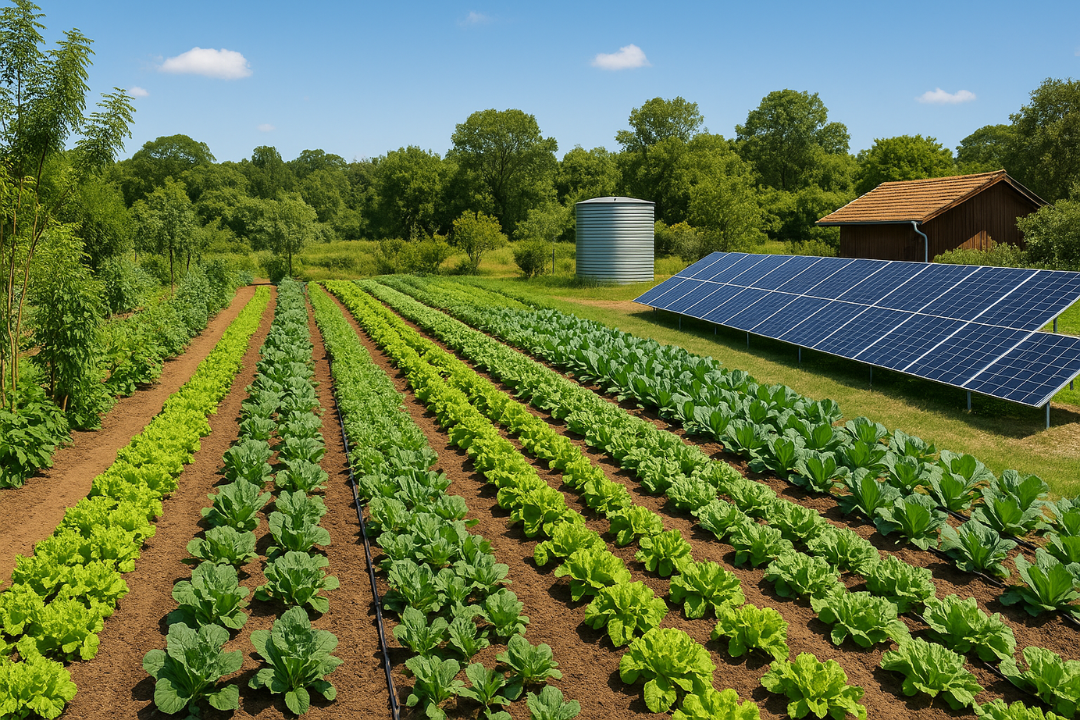 A vibrant green farming landscape featuring diverse crops, solar panels, and a rainwater collection system, showcasing sustainable agriculture in action.
