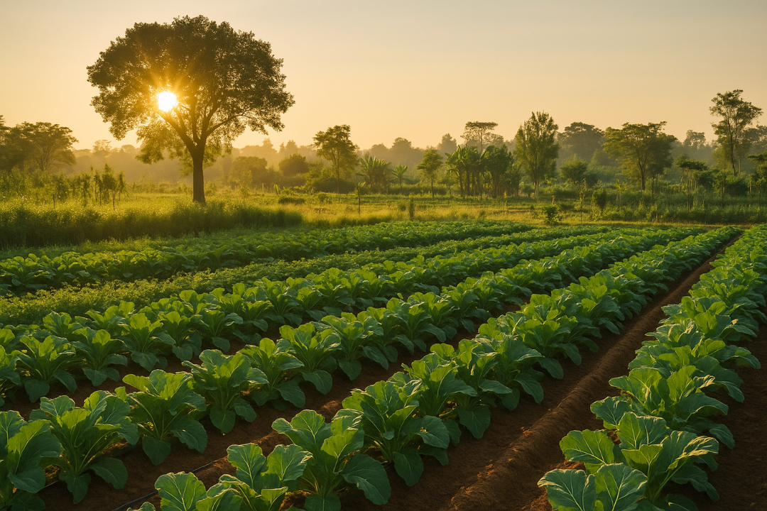 This image beautifully captures the importance of sustainable agriculture, showcasing a thriving, biodiverse farm in harmony with nature.