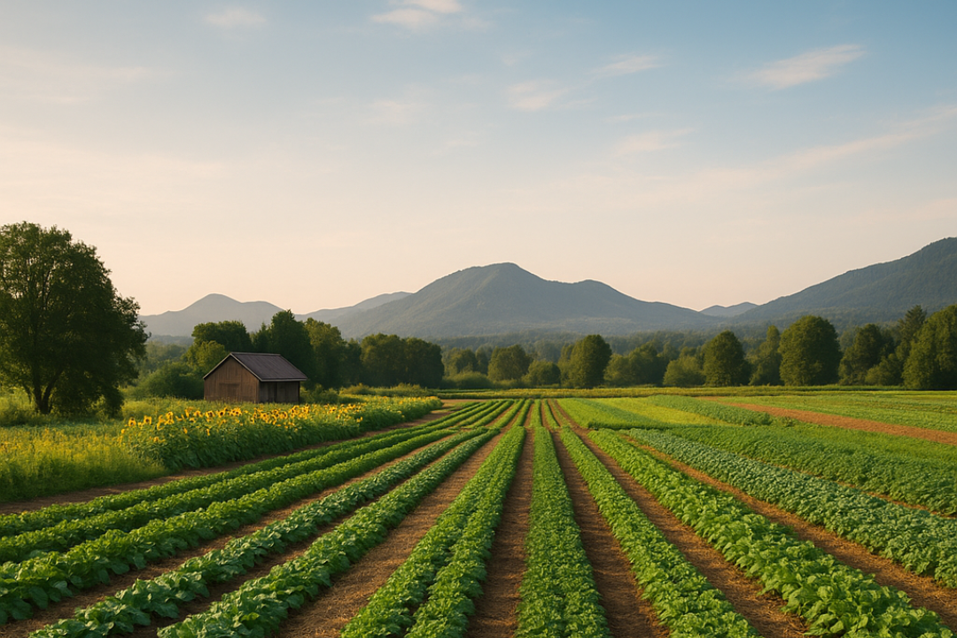 A vibrant Organic Plantation nestled in a scenic valley, showcasing diverse, healthy crops grown with natural and sustainable practices.