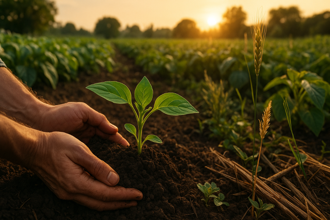 This image beautifully captures the essence of the principles of organic farming, showing a farmer nurturing a young seedling in rich, living soil at sunset.