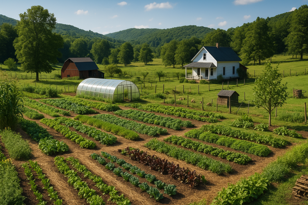 A thriving sustainable farmland showcasing diversified crops, rotational systems, and ecological harmony in a compact and productive rural landscape.
